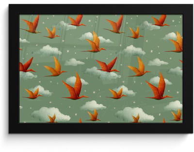 Poster in lijst - Fotolijst 30x20 cm - Posters - Dinosaurussen - Wolken - Sterren - Oranje - Posterlijst zwart - Decoratie - Wanddecoratie woonkamer - Muurdecoratie slaapkamer