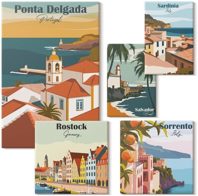 Wallfluent Set van canvas schilderijen - Europese steden met uitzicht op pittoreske landschappen Canvas Schilderijen Set - Set van 5 Canvas Schilderijen - Veelkleurig Set van Canvas Prints - Steden Canvas Kunst Set - Boheemse Canvas Kunst Set