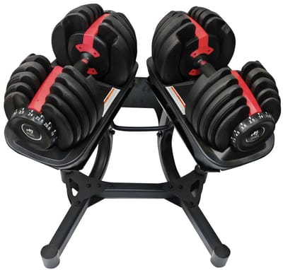 AJ-Sports verstelbare dumbbells 2x24kg inclusief vaste opbergsteun - - 2kg t/m 24kg - Gewichten - Dumbells set - Gewichten set - Smart Dumbells - Halterset - Krachttraining - Fitness - Gym - Sport - Crossfit - 15 Dumbells in één! - Set van 2 Stuks!