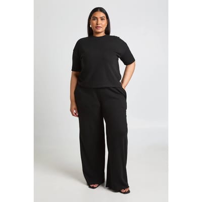 boohoo Dames Plus Wafel T-shirt En Wijde Broek Co-ord | Zwart | Maat: 50