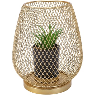 Ornement Plante Artificielle Succulente Compacte Réaliste avec Couvercle en Maille Métallique Dorée pour Décoration d'Étagère de Bureau