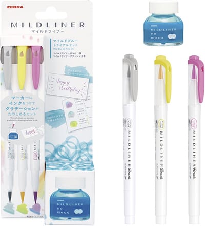 ZEBRA No Moto MILDLINER Brush Pennen Set van 3 + een Flesje met 10ml Mild Blue Inkt + EXTRA een Zebra Brushpen