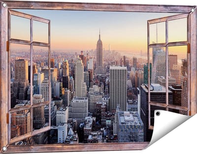 Gards Tuinposter Doorkijk New York Skyline met Wolkenkrabbers - 90x60 cm - Tuindoek - Tuindecoratie - Wanddecoratie buiten - Tuinschilderij