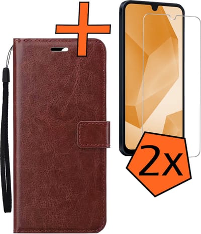Hoes - Met 2x Screenprotector - Geschikt voor Samsung Galaxy A16 - Luxe Pasjeshouder - Bookcase Portemonee - Flip Case - Kunstleer Book Case - Flipcase Hoes - Book Cover - Walletcase - PortemonneeHoes - Bruin