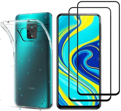 Hoesje Ultraslank geschikt voor Xiaomi Redmi Note 9 Pro / Note 9s backcover siliconen Transparant en 2 stuks ScreenProtector Gehard Glas met zwarte randen