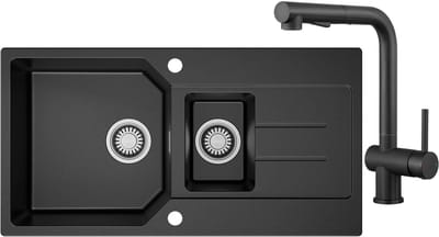 Anycee max Spoelbak voor keuken 86x45CM - Granieten Keuken Met Keukenkraan Met Uittrekbare Uitloop - 1.5 Spoelbakken Keuken - Gootsteen Met Waterafvoersysteem - Wasbak Keuken - Krasvast en Hittebestendig - Zwart