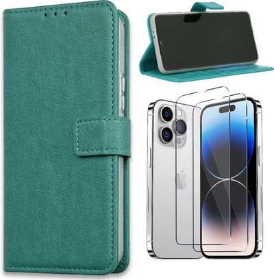Casemania Hoesje Geschikt voor Apple iPhone 15 Turquoise & 2X Glazen Screenprotector- Portemonnee Book Case - Kaarthouder & Magneetlipje