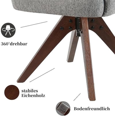 Eetkamerstoelen Set van 2 65 x 60 x 87 cm – 360° Draaibare Design Stoelen met Pocketvering, Ergonomisch Zitcomfort, Massief Eiken Houten Frame in Luxe Walnoot Look, 150 kg Draagvermogen, Slijtvaste Grijze Stof