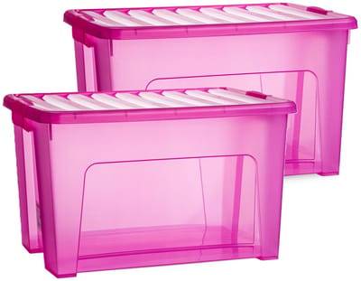 Plasticforte Opslagbox - 2x - met deksel - transparant roze - 47 liter - 54 x 38 x 32 cm - kunststof - opbergdoos - opbergen