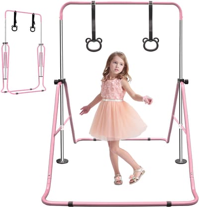 Zubaliya Roze Kinder Turnrek - Verstelbare En Inklapbare Gymstang Voor Thuis - 5 Hoogtes Geschikt Voor 3-9 Jaar