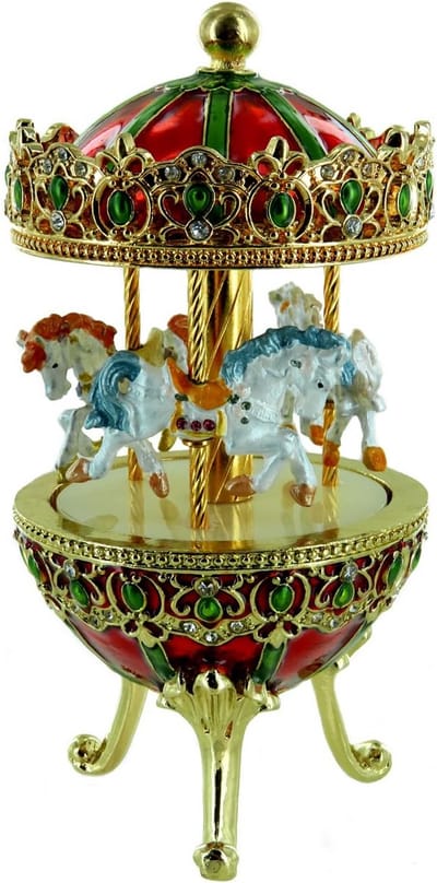 Luxe Fabergé Stijl Muziekdoos Ei met Draaiende Carrouselpaarden - Brahms Waltz