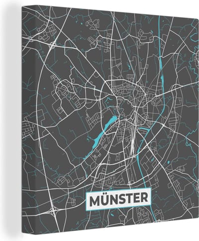 Canvas Schilderij Stadskaart – Kaart – Münster – Blauw – Duitsland – Plattegrond - 20x20 cm - Wanddecoratie