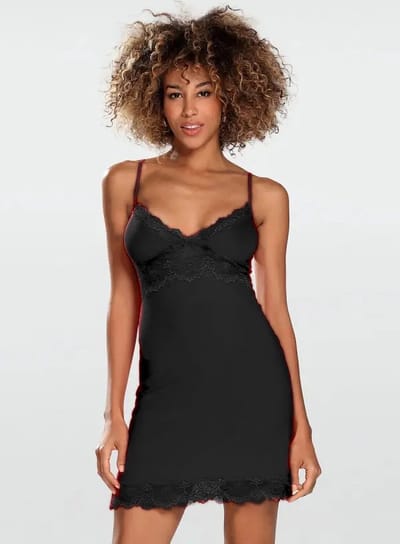 Laloni - zwarte slipdress - viscose met kant XXL