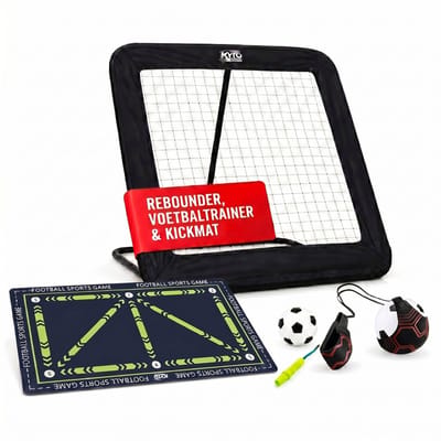 Kyto Sports Voetbal Trainingsset 3-delig – Rebounder 100x100 cm, Voetbaltrainer met Koord & Trainingsmat 60x90 cm – Voor Balcontrole, Schieten, Passen, Dribbelen en Coördinatie