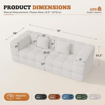 Hawthyhome 2-3 Seater Sofa with Sleep Function, Modern Boneless Couch, Cosy Chenille Sofa with Soft Cover, Assembly-Free Balcony Couch for Living Room & Guest Room, White