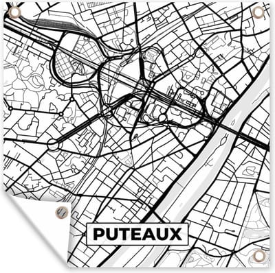 Tuin poster Kaart - Puteaux - Plattegrond - Frankrijk - Stadskaart - Zwart wit - 200x200 cm - Tuindoek
