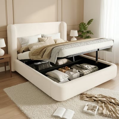 BLACKCOLORS Gestoffeerd bed, tweepersoonsbed, hydraulisch functioneel bed, bed met lattenbodem, hoofdeinde en grote opbergruimte, gestoffeerd hoofdeinde, beige bouclé, 180 x 200