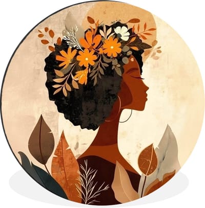 WallCircle - Wandcirkel - Muurcirkel - Vrouw - Krullen - Bloemen - Beige - Aluminium - Dibond - 30x30 cm - Binnen en Buiten
