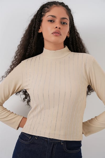 Gestreepte Halve Col Lange Mouwen Top met Steen Detail