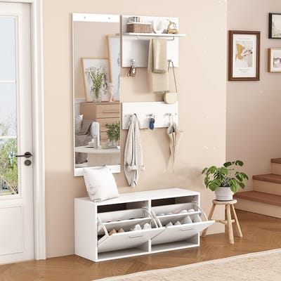BLACKCOLORS 4-delige garderobeset 90*30*41,5 cm met spiegel, 2 hoedenplanken en schoenenkast. Kapstok voor in de hal Kapstokset, garderobeset voor in de hal, compacte garderobe met 6 haken, wit