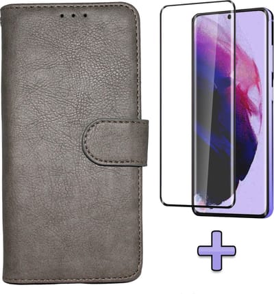 HB Hoesje Geschikt voor Samsung Galaxy S21 - Grijs + Volledige Display Screenprotector - Luxe Kunstlederen Portemonnee Book Case