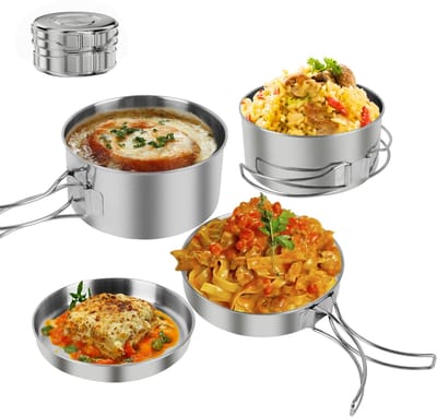4-delige RVS Camping Kookset – Opvouwbare Outdoor Potten en Pannen, Lichtgewicht en Duurzaam, Ideaal voor Kamperen, Wandelen en Picknicks