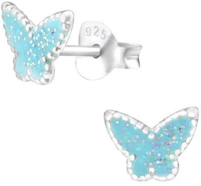 Joy|S - Zilveren vlinder oorbellen - 7 x 6 mm - blauw met glitter - oorknoppen