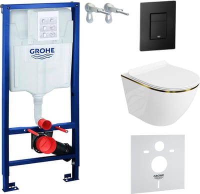 GROHE SOLIDO SOFI GOLD LINE - Inbouwreservoir 50cm - Zwarte EVEN Drukplaat - Luxe Randloos Hangtoilet - Toiletset