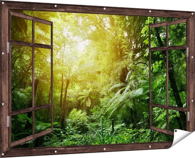 Gards Tuinposter Doorkijk Tropische Jungle met Zonneschijn - 180x120 cm - Tuindoek - Tuindecoratie - Wanddecoratie buiten - Tuinschilderij