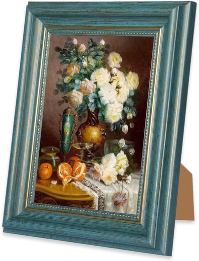 Retro blauwe fotolijst 10 x 15 cm, vintage stijl met gouden decoratie, horizontaal en verticaal te plaatsen, perfect voor wand en tafel, decoratie voor thuis