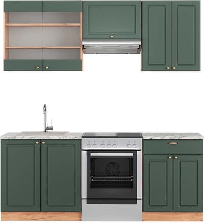 Vicco Fame-Line Complete keukeneenheid – 200 cm, WB Marmer Groen-Goud Land/Goud Power Eik