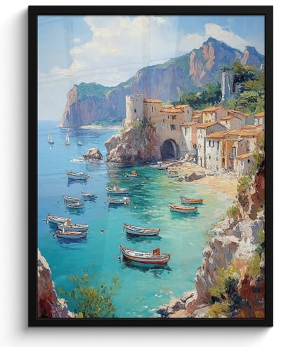 Poster in lijst - Fotolijst 50x70 cm - Posters - Kustdorp - Schilderij - Rotsen - Boten - Posterlijst zwart - Decoratie - Wanddecoratie woonkamer - Muurdecoratie slaapkamer