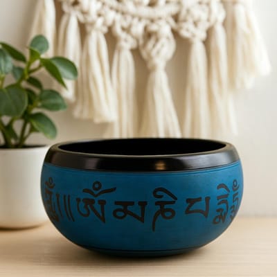 Aardepoeder klankschaal - Blauwe Mantra Vijf Boeddha - 16 cm