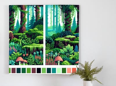 Pixel art mos schilderij | Verfijnde groen tintelende pixel kunst op natuurlijke mos achtergrond | Kunst - 60x60 centimeter op Forex | Foto op Forex