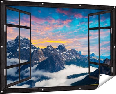 Gards Tuinposter Doorkijk Bergen Landschap met Wolken in Italië - 150x100 cm - Tuindoek - Tuindecoratie - Wanddecoratie buiten - Tuinschilderij