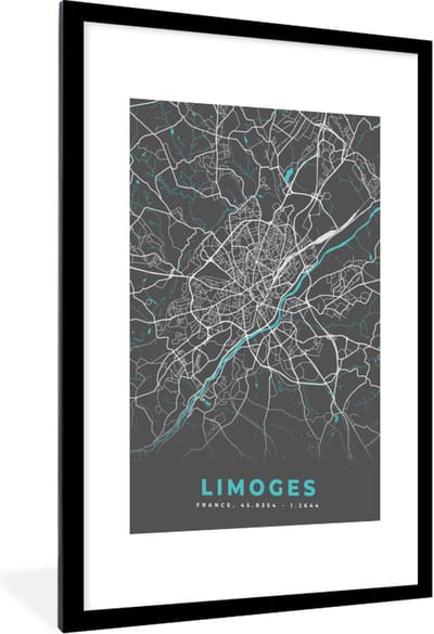 Fotolijst incl. Poster - Frankrijk - Plattegrond - Kaart - Stadskaart - Limoges - 60x90 cm - Posterlijst