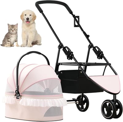 Hondenbuggy Kinderwagen - Hondenkar Lichtgewicht - Reizen Kamperen - Opvouwbaar Met Mand - 79x43x91 cm - Roze