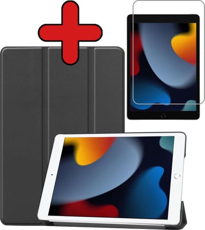 Hoesje - Geschikt voor Apple iPad 9 (2021) - 10.2 inch - 9e Generatie - Met Screenprotector - Hardcover Book Case - Trifold Bookcase Hoes - Hard Cover - Tablethoes - Zwart