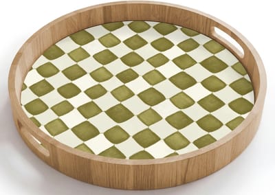 Dienblad rond 40x40 cm - Schootdienblad hout - Schaak - Patroon - Groen - Borrelplank rechthoek - Plateau houten dienbladen