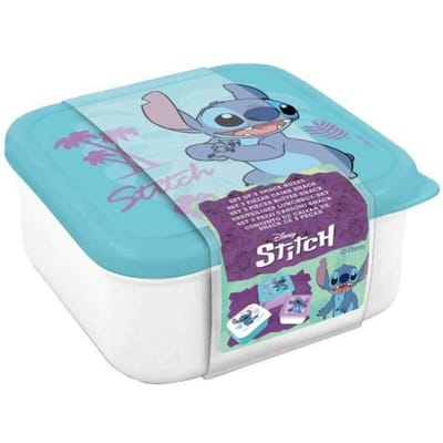 Disney's Stitch 3-in-1 Snackdoosjes - 3 formaten - Vierkant - Sluit goed af - Lunchboxen voor kinderen - Los deksel - Geschikt voor koekjes, fruit en snacks - Paars/Wit/Groen