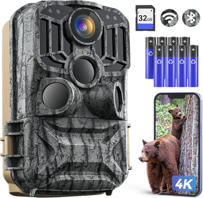 Wildlife camera 4K 48MP met bewegingssensor Nachtzicht IP66 waterdicht WiFi app bediening 32GB SD kaart