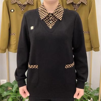 Geruit nep tweedelig basis overhemd voor dames lente en herfst overhemd met lange mouwen losse kraag om moeders casual top te maken 5XL zwart