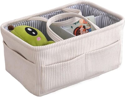 SnelShoppen - Luier Organizer Mand van Ribfluweel - Ruime Diaper Storage Basket met Vakken - Ideaal voor Luiers, Babydoekjes, Flessen - Draagbaar voor