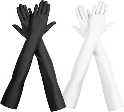Set van 2 lange handschoenen in zwart en wit, elegante danshandschoenen voor bruiloften, gala's en opera's, stijl 1920