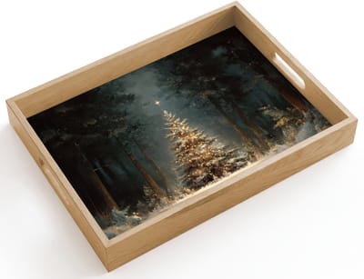 Dienblad hout 40x30 cm - Schootdienblad - Kerstboom - Bos - Sneeuw - meerkleurig - Borrelplank rechthoek - Plateau dienbladen