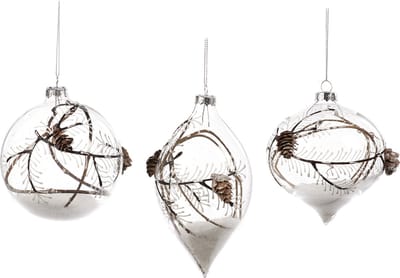 Goodwill Kerstbal met Denneappeltje Glas Transparant-Bruin-Wit 10 cm  Voordeel Ass. Per 3 Stuks