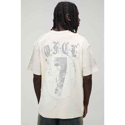 Ecru Oversized T-shirt Met Zichtbare Naden, Print En Spray Wash | Size XS
