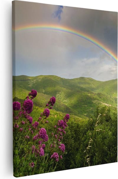Artaza Canvas Schilderij Landschap - 40x50 cm - Wanddecoratie Regenboog - Muurdecoratie Bergen - Kamer Accessoires Bloemen