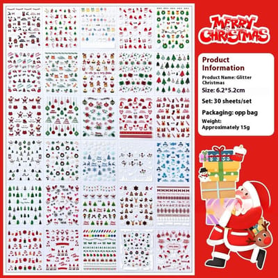 1000+ Patronen30 Vellen 3D Kerst Nagelkunst Stickers Decals, Kalolary 3D Zelfklevende Nagelstickers Kerstman Sneeuwvlok Sneeuwpop Kerstbel