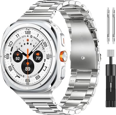 Stravo Stalen schakel bandje – Geschikt voor Samsung Galaxy Watch Ultra 2 (2026) / Ultra (2024/2025) – Metalen RVS horlogebandje + inkort toolkit – Zilver